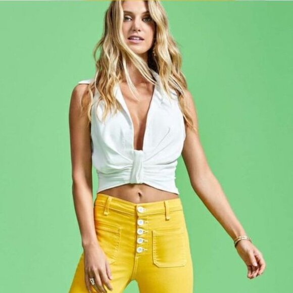 Ramy Brook Spencer Plunging V-Neck Sleeveless Collared Crop Top Ivory Button XS - Picture 2 of 12